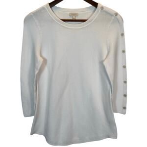Talbots Women’s S Button Sleeve Cotton Sweater White Gold Preppy Minimalist EUC